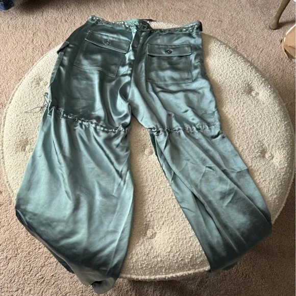 Anna Sui- NWT Teal Silk, Sequin and Velvet Cargo Pants - Picture 3 of 11